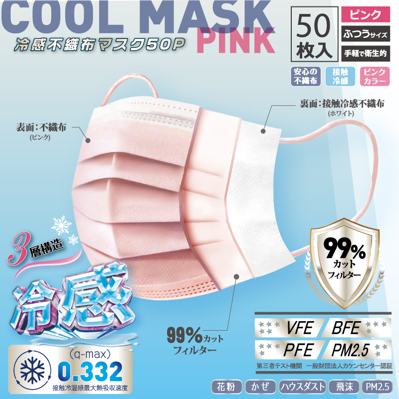 【ホントに冷たい！】高機能99％カット冷感不織布マスク 【ピンク】｜ヒロ・コーポレーション